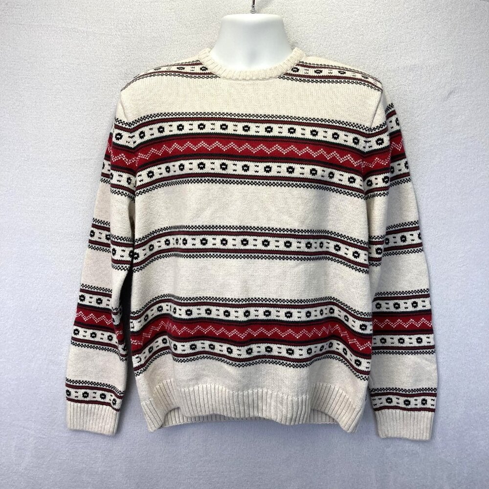 Chaps Fair Isle Holiday Sweater Mens Large Cream Cotton Crewneck Red Black Knit